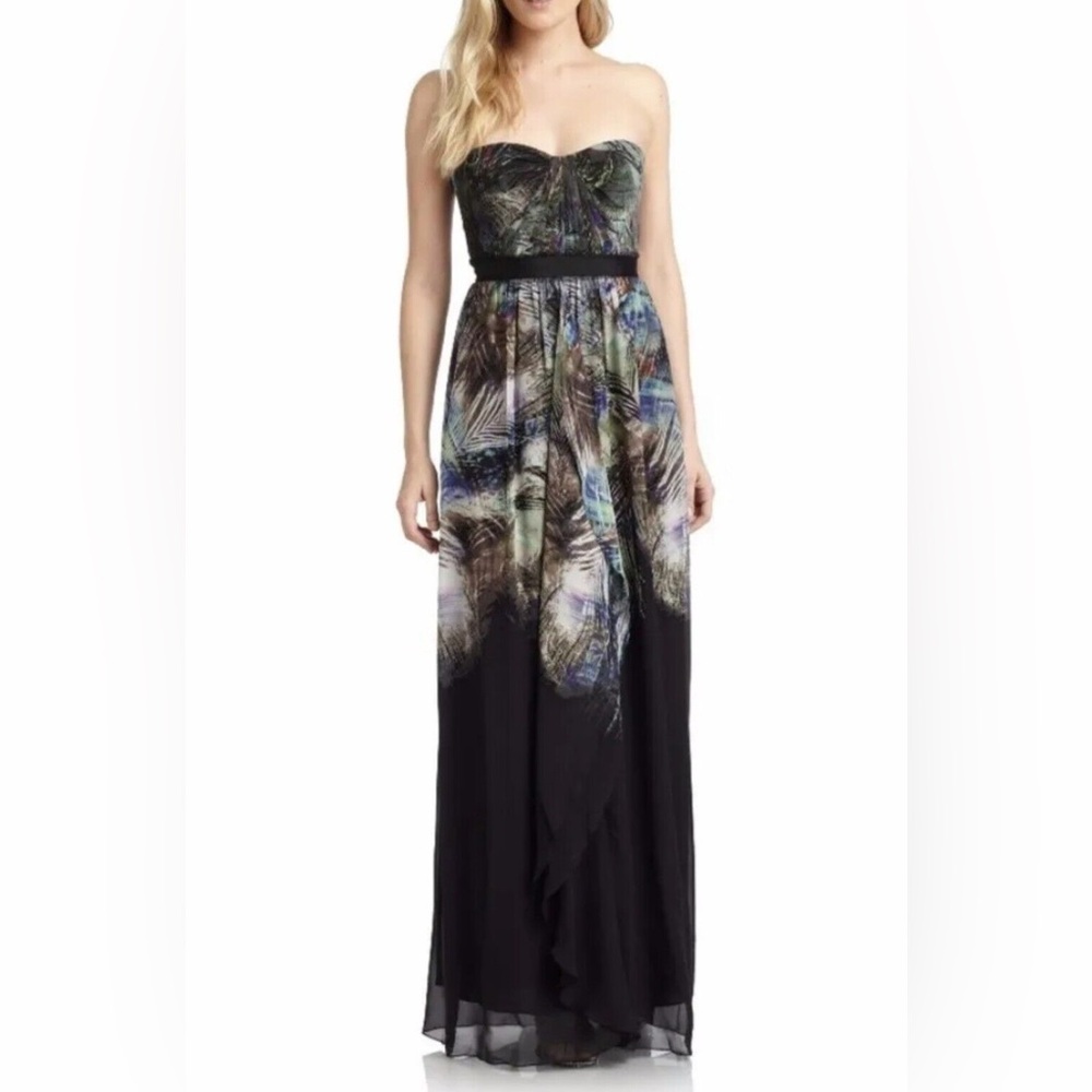 BCBG MAXAZRIA Peacock Style Boho Flowy Tae Silk Lined Maxi Tube Dress Size 10